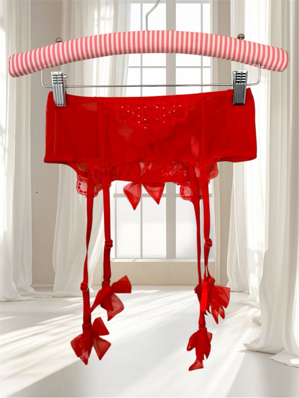 NWOT Victoria’s Secret Red Nylon Embellished Garter Belt